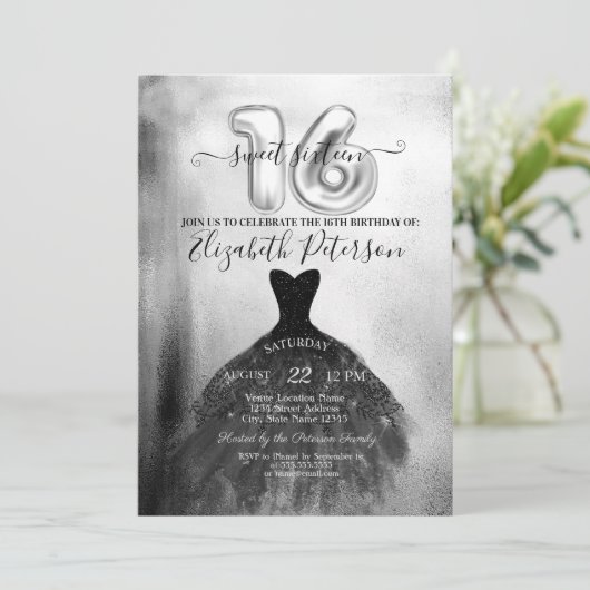 Chic Black Dress Silver Confetti Sweet 16 Kaart (Staand voorkant)