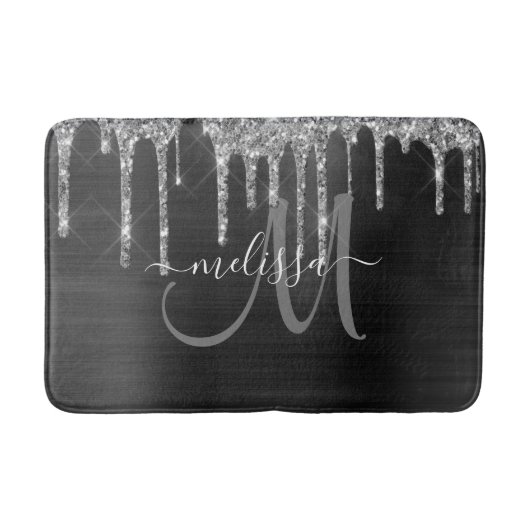 Chic Black Dripping Glitter Brusal Monogram Badmat (Voorkant)