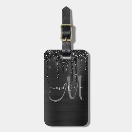 Chic Black Dripping Glitter Brusal Monogram Bagagelabel (Voorkant verticaal)