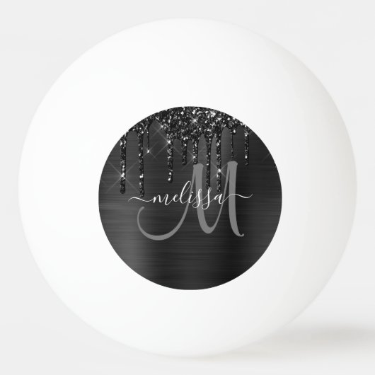 Chic Black Dripping Glitter Brusal Monogram Pingpongbal (Achterkant)