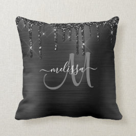 Chic Black Dripping Glitter Brushed Metal Monogram Kussen