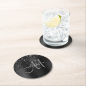 Chic Black Dripping Glitter Brushed Metal Monogram Ronde Kartonnen Onderzetter (Insitu)