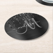 Chic Black Dripping Glitter Brushed Metal Monogram Ronde Kartonnen Onderzetter (Gebogen)