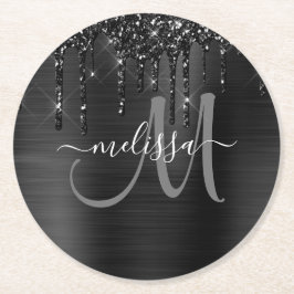 Chic Black Dripping Glitter Brushed Metal Monogram Ronde Kartonnen Onderzetter