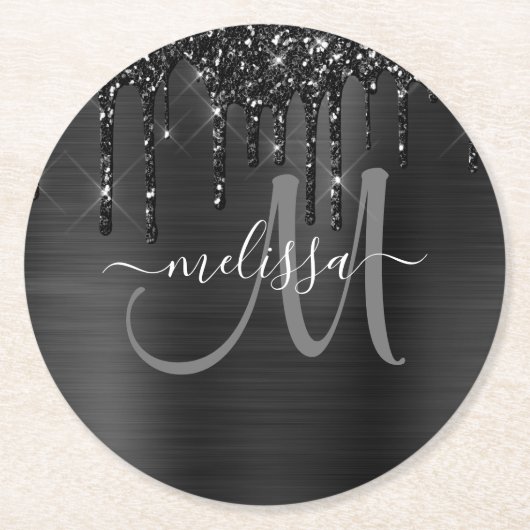 Chic Black Dripping Glitter Brushed Metal Monogram Ronde Kartonnen Onderzetter (Voorkant)