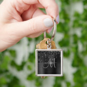 Chic Black Dripping Glitter Brushed Metal Monogram Sleutelhanger (Hand)