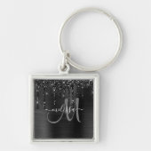 Chic Black Dripping Glitter Brushed Metal Monogram Sleutelhanger (Voorkant)