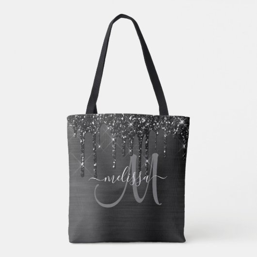 Chic Black Dripping Glitter Brushed Metal Monogram Tote Bag (Achterkant)