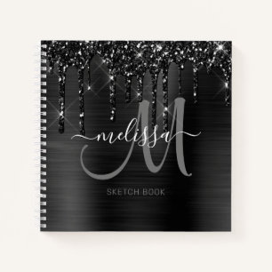 Chic Black Dripping Glitter Brushed Metal Sketch Notitieboek