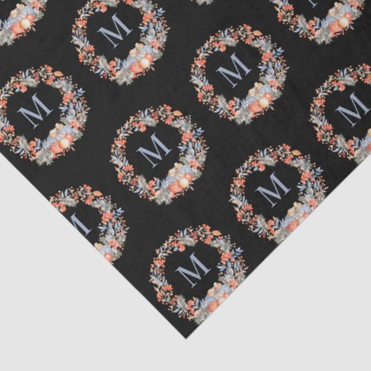 Chic Black Elegant Monogram Wreath Christmas Tissuepapier (Detail)