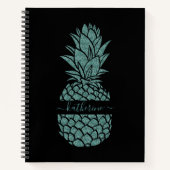 Chic Black en Blauwgroen Glitter Ananas Naam Notitieboek (Voorkant)