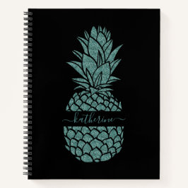 Chic Black en Blauwgroen Glitter Ananas Naam Notitieboek