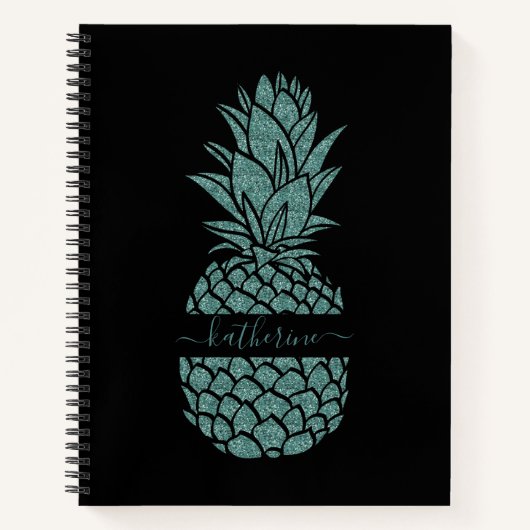 Chic Black en Blauwgroen Glitter Ananas Naam Notitieboek (Voorkant)