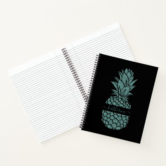 Chic Black en Blauwgroen Glitter Ananas Naam Notitieboek (Binnen)