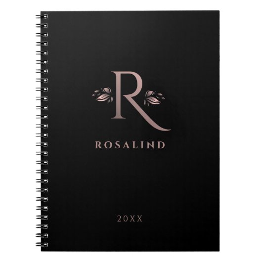 Chic Black en Faux Roos Gold R Letter Monogram Notitieboek (Voorkant)