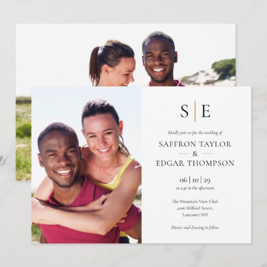 Chic Black en Gold Monogram 2 Foto Weddenschap Kaart (Voorkant / Achterkant)