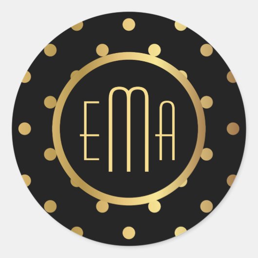 Chic Black en Gold Polka Dots met monogram Ronde Sticker (Voorkant)