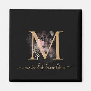 Chic Black en Gold Script Floral Monogram Magneet