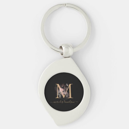 Chic Black en Gold Script Floral Monogram Sleutelhanger (Voorkant)