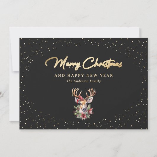 Chic Black en Gold Snow Reindeer Merry-kerst Feestdagenkaart (Voorkant)