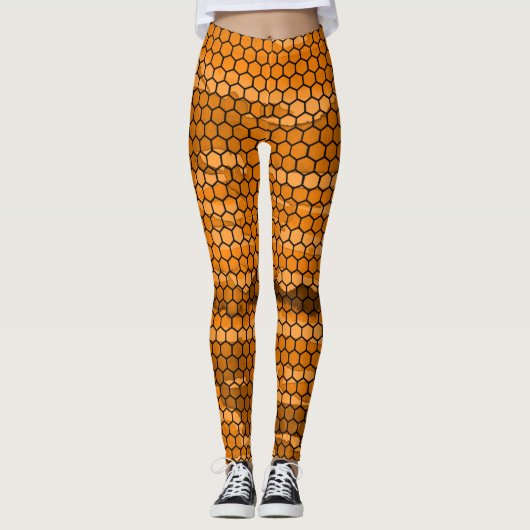 Chic Black en Oranje Honeycomb gepatterd Leggings (Voorkant)