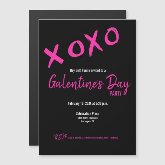 Chic Black en Pink Galentine's Party XOXO Stijlvol Magnetische Uitnodiging (Voorkant / Achterkant)