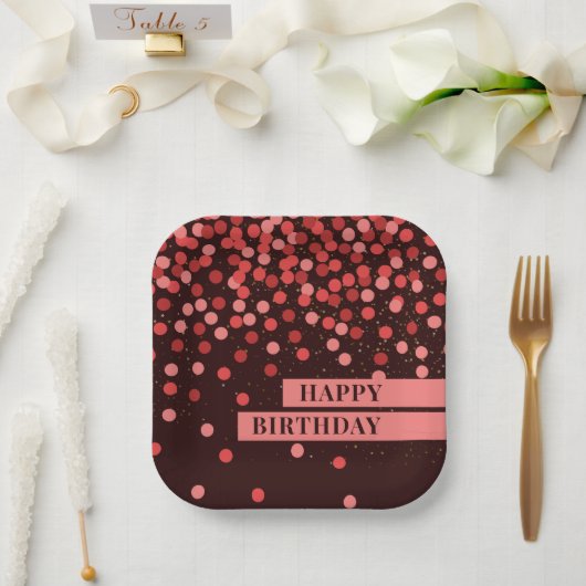Chic Black en Red Confetti Happy Birthday Papieren Bordje (Huwelijk)