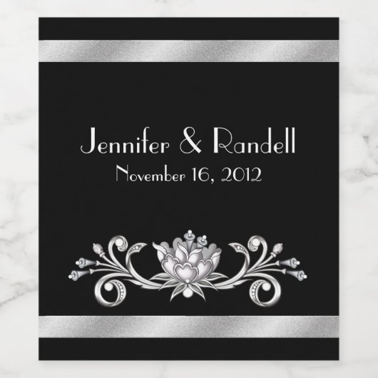 Chic Black en Silver Wedding Wine Label Wijn Etiket (Enkel label)
