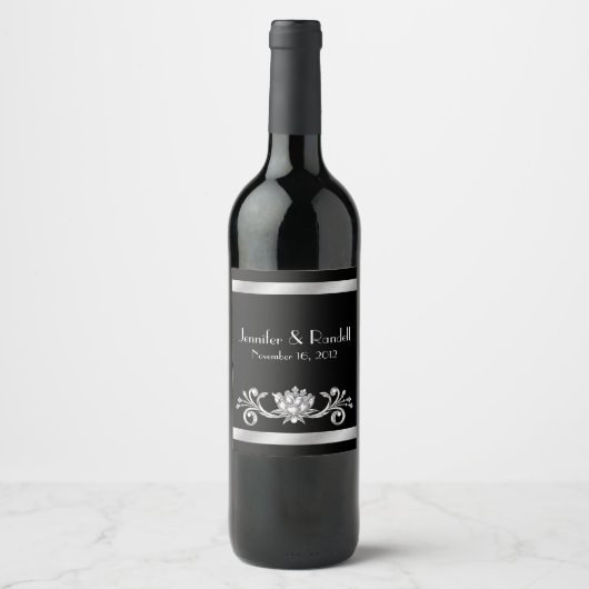 Chic Black en Silver Wedding Wine Label Wijn Etiket (Voorkant)