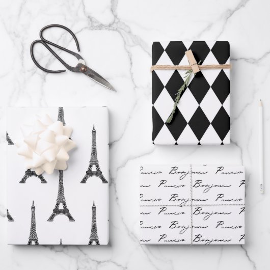 Chic Black en White Bonjour Inpakpapier Vel (Voorkant)