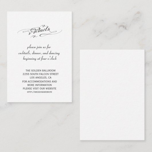 Chic Black en White Calligraphy Wedding Details Informatiekaartje (Voorkant / Achterkant)