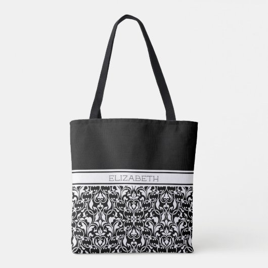 Chic Black en White Damask Persoonlijke Canvas tas (Achterkant)