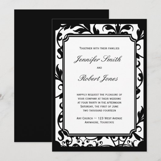 Chic Black en White Damask Wedding Invitation Kaart (Voorkant / Achterkant)