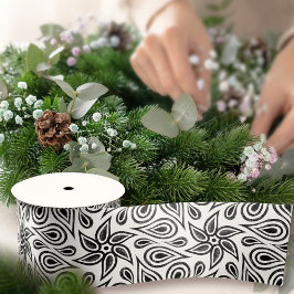 Chic Black en White Floral Paisley Flower Pattern Satijnen Lint