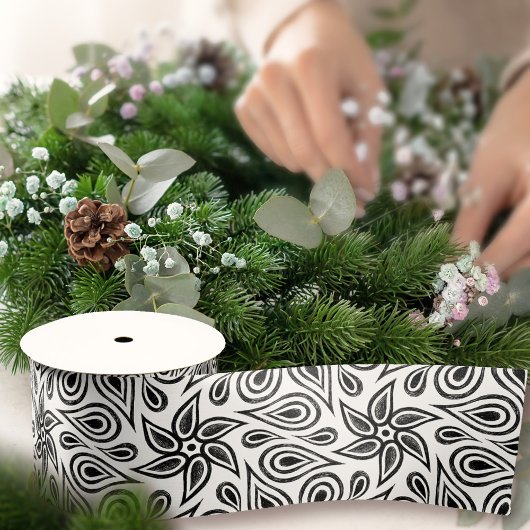 Chic Black en White Floral Paisley Flower Pattern Satijnen Lint