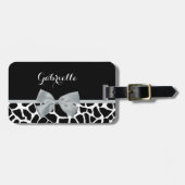 Chic Black en White Giraffe Print Silver Grey Bow Bagagelabel (Voorkant horizontaal)