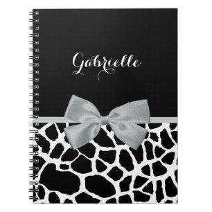 Chic Black en White Giraffe Print Silver Grey Bow Notitieboek