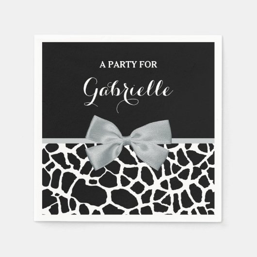 Chic Black en White Giraffe Print Silver Grey Bow Servet (Voorkant)