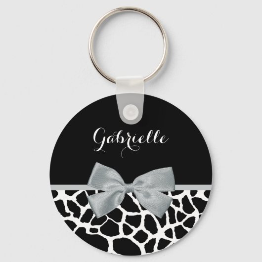 Chic Black en White Giraffe Print Silver Grey Bow Sleutelhanger (Voorkant)