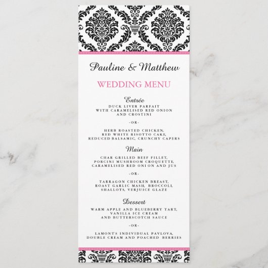 Chic Black en White Pink Damask Wedding Menu (Voorkant)