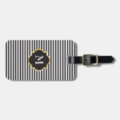 Chic Black en White Stripe Gold Monogram Bagagelabel (Voorkant horizontaal)