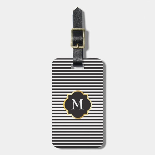 Chic Black en White Stripe Gold Monogram Bagagelabel (Voorkant verticaal)