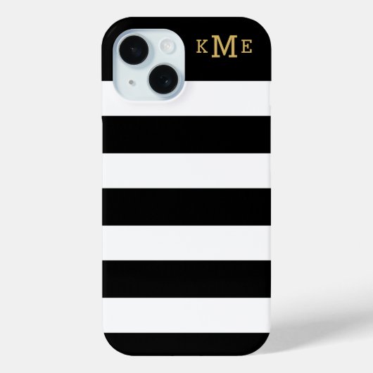 Chic Black en White Stripes met Gold Monogram Case-Mate iPhone Case (Achterkant)