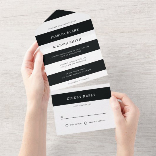 Chic Black en White Stripes Wedding All In One Uitnodiging (Afscheurbaar)
