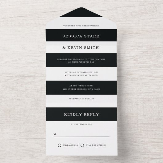 Chic Black en White Stripes Wedding All In One Uitnodiging (Binnen)
