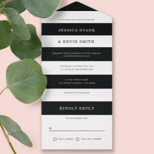 Chic Black en White Stripes Wedding All In One Uitnodiging