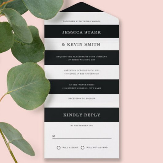 Chic Black en White Stripes Wedding All In One Uitnodiging