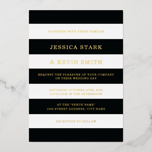 Chic Black en White Stripes Wedding Gold Folie Uitnodiging (Voorkant)