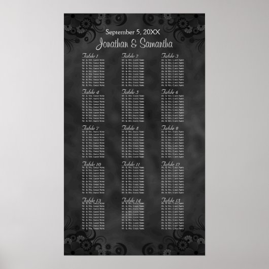 Chic Black Floral 15 Wedding Tables Seating Chart Poster (Voorkant)