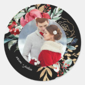 Chic Black Floral Holiday Weduwfoto Ronde Sticker (Voorkant)
